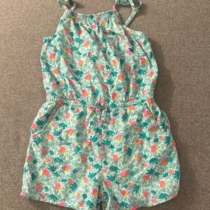 5/$15- Girls' Teal Tropical Print Romper with Pink & Yellow Accents